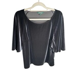 Lauren Ralph Lauren Velvet Flutter Sleeve Top Plus Size 1X Black Formal Blouse